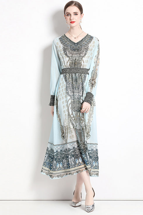 Vintage Fashion French Style V-Neck, Lantern Long Sleeve, Elegant Printed, Elastic Waist Party, Cocktail, Wedding Guest Women's Dress